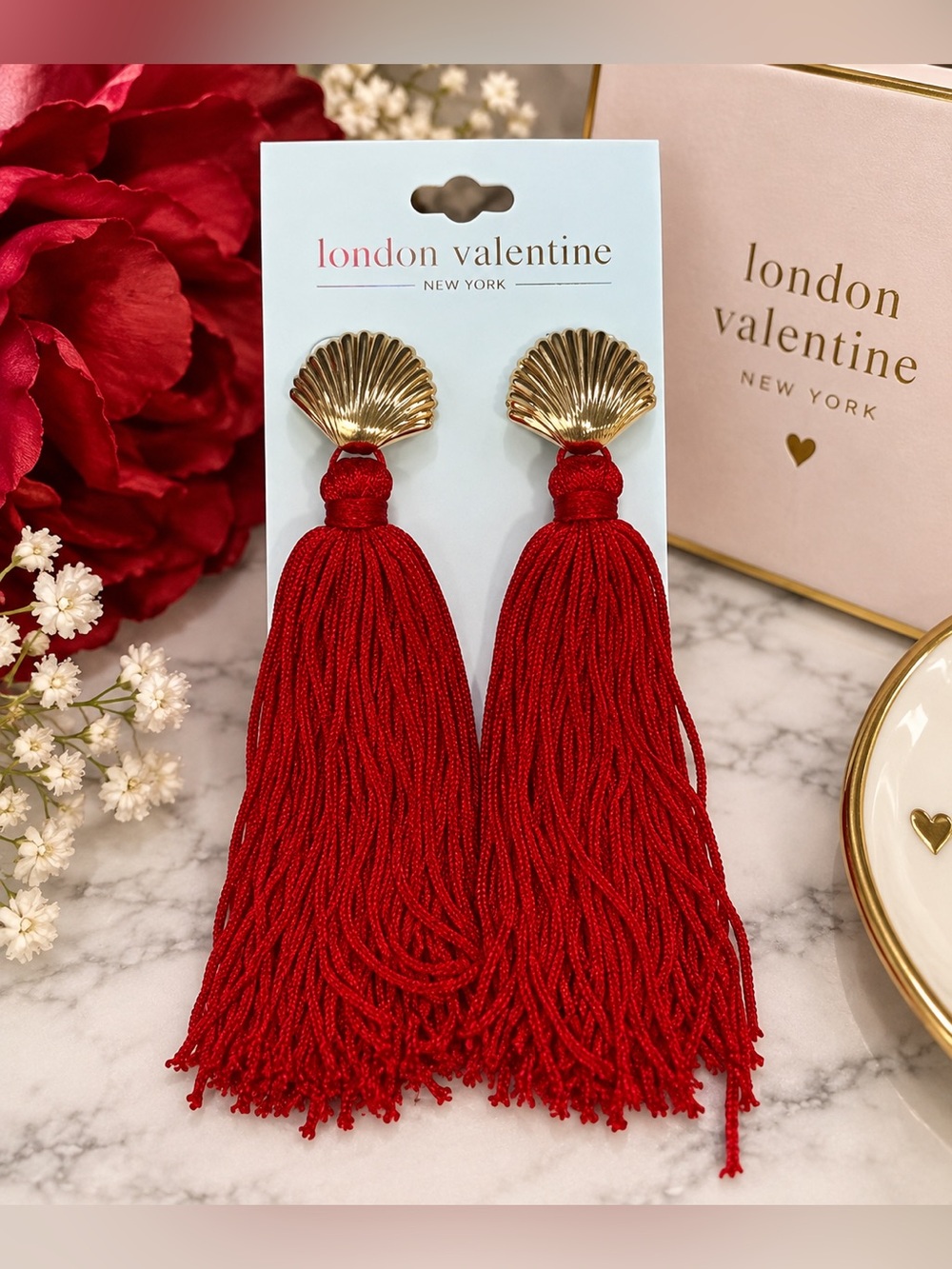 London Valentine NY Red Tassel Statement Earrings Gold Shell Drop NWT